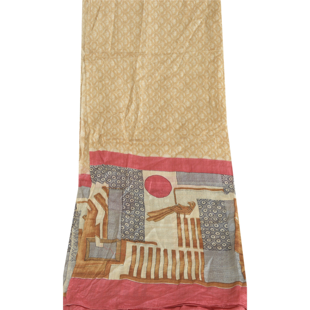 Sanskriti Vintage Long Dupatta Stole Pure Silk Cream Hijab Printed Soft Scarves