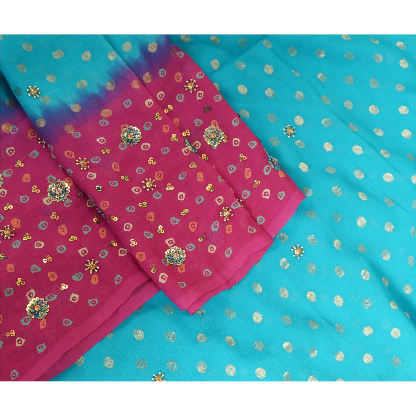 Sanskriti Vintage Lang Lilla/Blå Dupatta/Stola Ren Georgette Silke Håndperlet