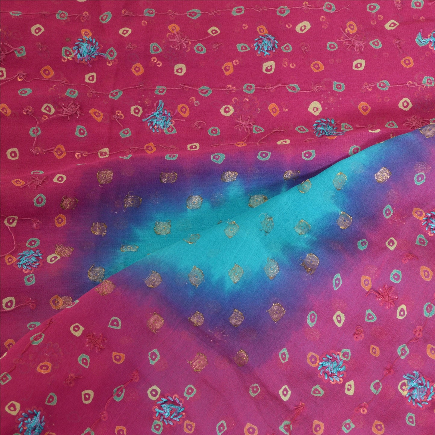 Sanskriti Vintage Lang Lilla/Blå Dupatta/Stola Ren Georgette Silke Håndperlet