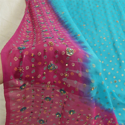 Sanskriti Vintage Lang Lilla/Blå Dupatta/Stola Ren Georgette Silke Håndperlet