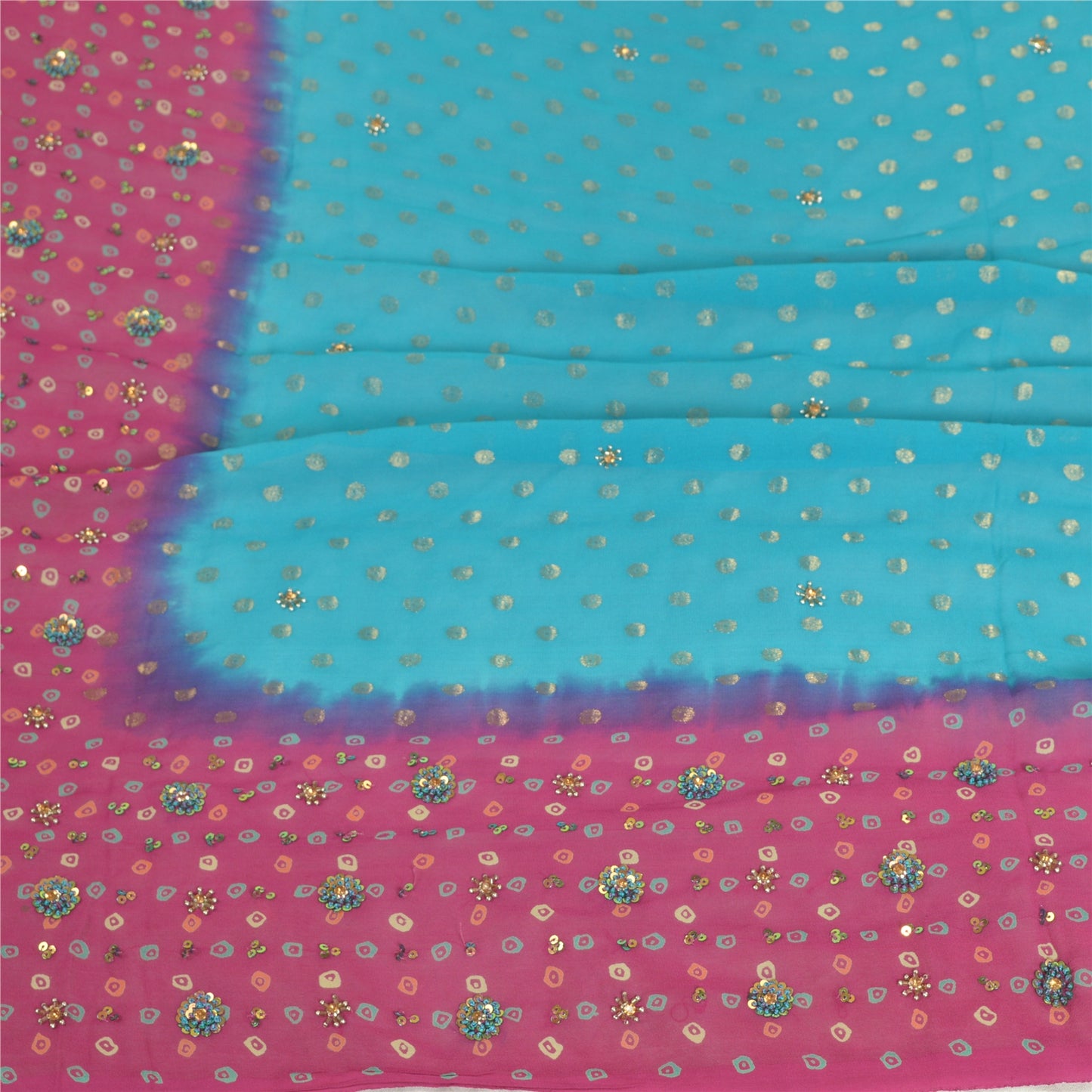 Sanskriti Vintage Lang Lilla/Blå Dupatta/Stola Ren Georgette Silke Håndperlet