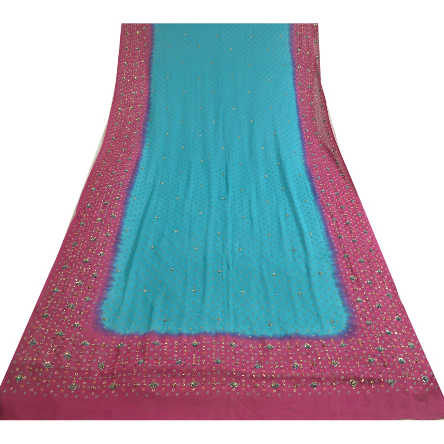 Sanskriti Vintage Lang Lilla/Blå Dupatta/Stola Ren Georgette Silke Håndperlet