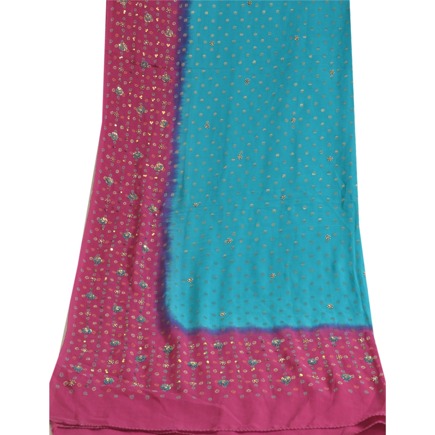 Sanskriti Vintage Lang Lilla/Blå Dupatta/Stola Ren Georgette Silke Håndperlet