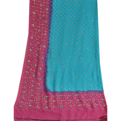 Sanskriti Vintage Lang Lilla/Blå Dupatta/Stola Ren Georgette Silke Håndperlet