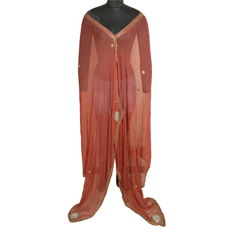 Sanskriti Vintage Long Brick Red Dupatta/Stole Pure Chiffon Silk Hand Beaded