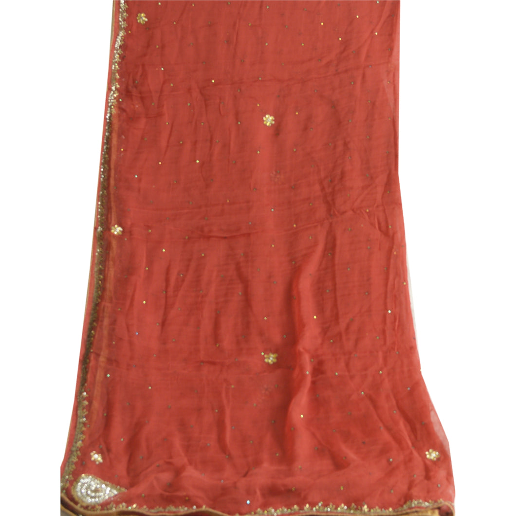 Sanskriti Vintage Long Brick Red Dupatta/Stole Pure Chiffon Silk Hand Beaded