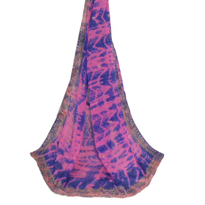 Sanskriti Vintage Blue/Pink Dupatta Long Stole Pure Silk Hand Beaded Tie-Dye
