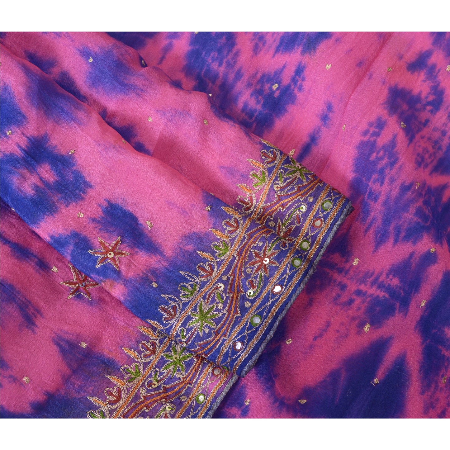 Sanskriti Vintage Blue/Pink Dupatta Long Stole Pure Silk Hand Beaded Tie-Dye