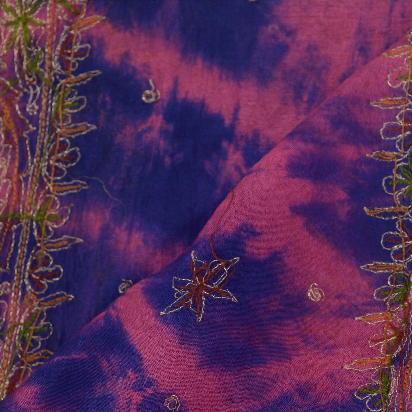 Sanskriti Vintage Blue/Pink Dupatta Long Stole Pure Silk Hand Beaded Tie-Dye