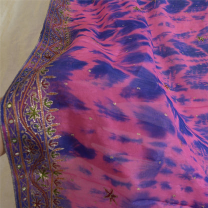Sanskriti Vintage Blue/Pink Dupatta Long Stole Pure Silk Hand Beaded Tie-Dye