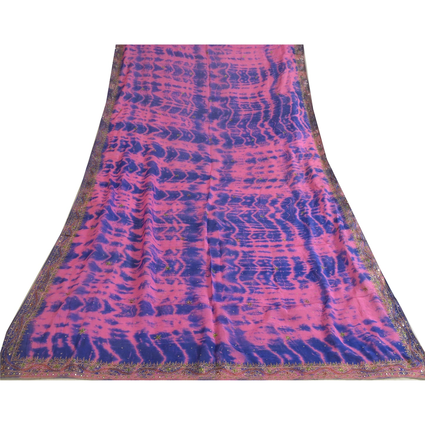 Sanskriti Vintage Blue/Pink Dupatta Long Stole Pure Silk Hand Beaded Tie-Dye