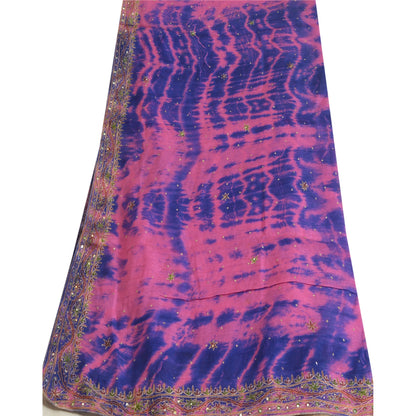 Sanskriti Vintage Blue/Pink Dupatta Long Stole Pure Silk Hand Beaded Tie-Dye