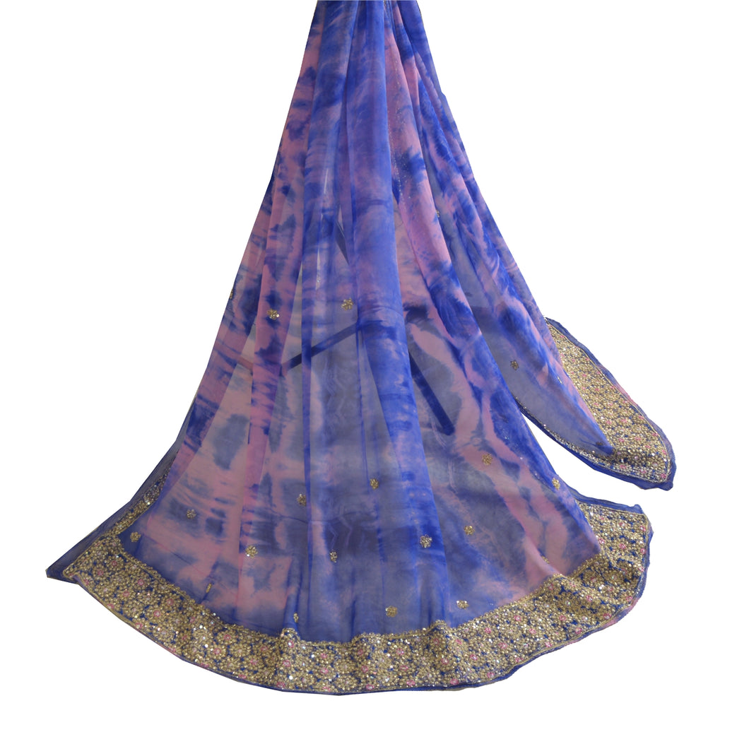 Sanskriti Vintage Dupatta Long Stole Pure Georgette Silk Purple Beaded Tie-Dye