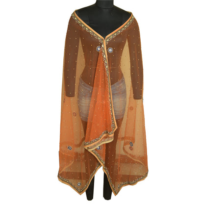 Sanskriti Vintage Orange Lang Dupatta Stole Net Mesh Slør Håndperlede Tørklæder