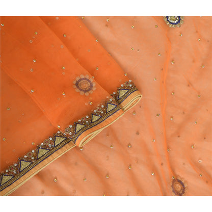 Sanskriti Vintage Orange Lang Dupatta Stole Net Mesh Slør Håndperlede Tørklæder