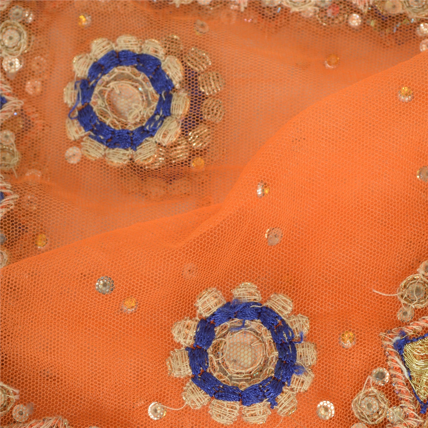Sanskriti Vintage Orange Lang Dupatta Stole Net Mesh Slør Håndperlede Tørklæder