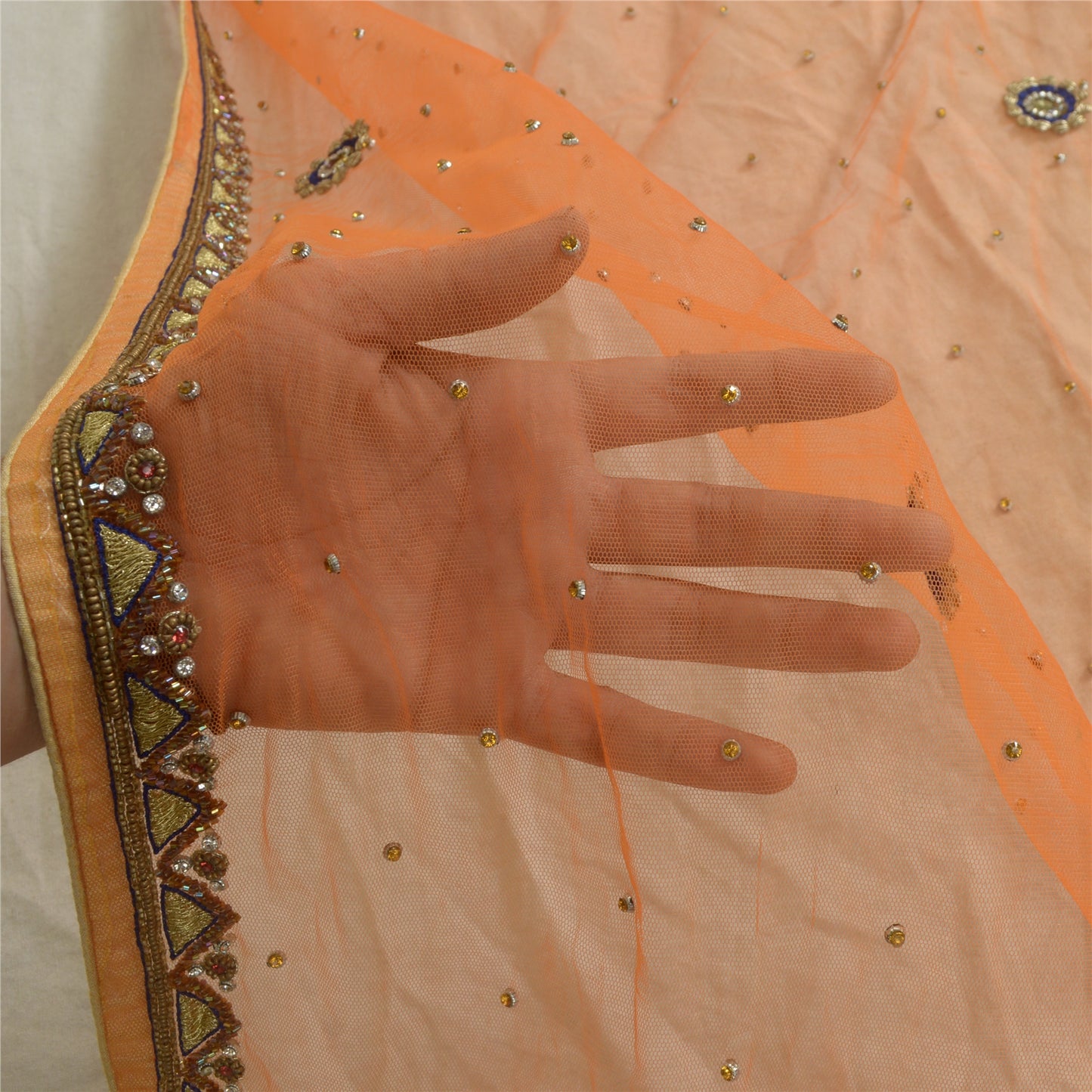 Sanskriti Vintage Orange Lang Dupatta Stole Net Mesh Slør Håndperlede Tørklæder