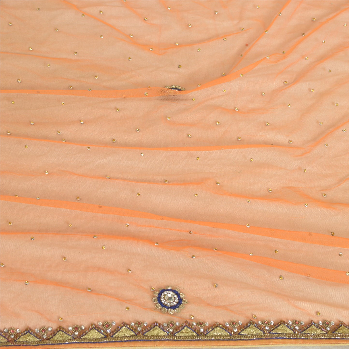Sanskriti Vintage Orange Lang Dupatta Stole Net Mesh Slør Håndperlede Tørklæder