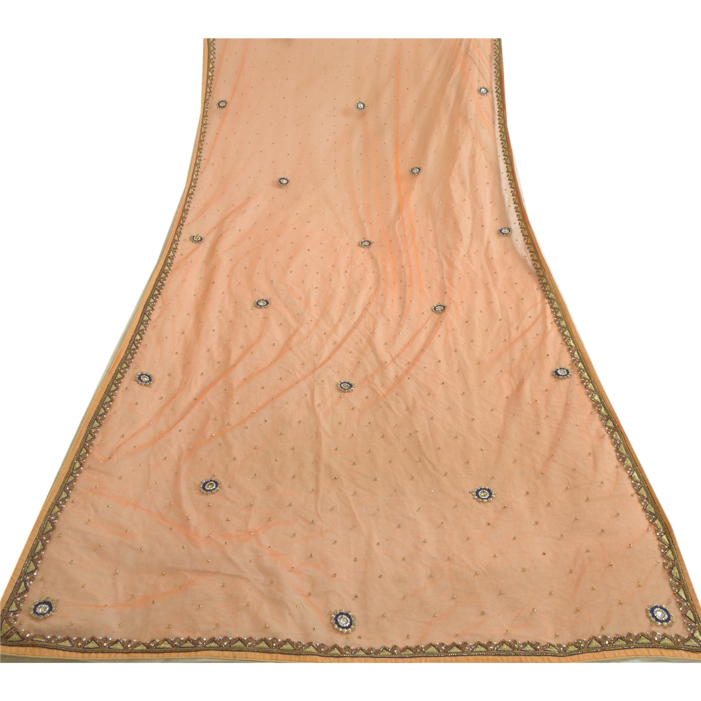 Sanskriti Vintage Orange Lang Dupatta Stole Net Mesh Slør Håndperlede Tørklæder