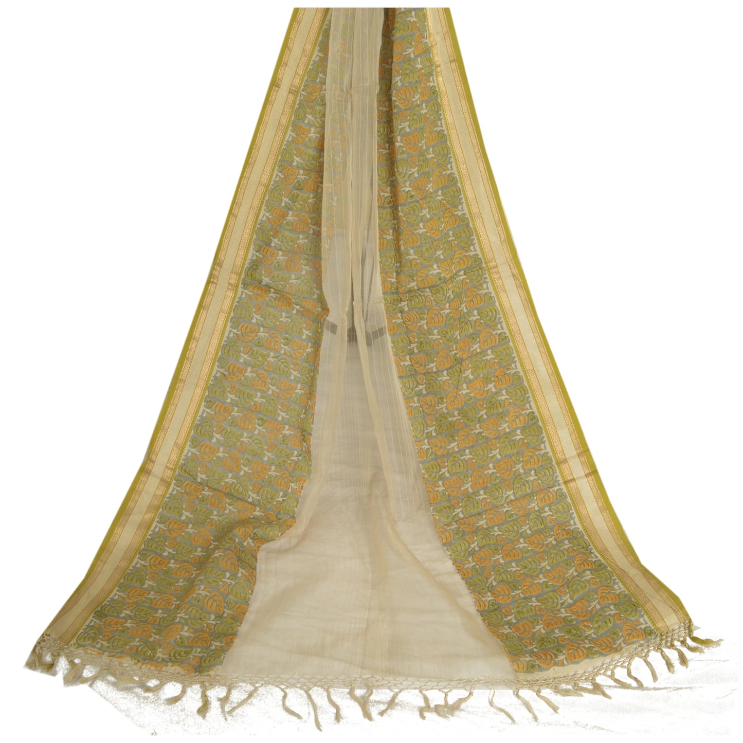 Sanskriti Vintage Long Dupatta Stole Pure Silk Ivory/Grey Printed Woven Scarves