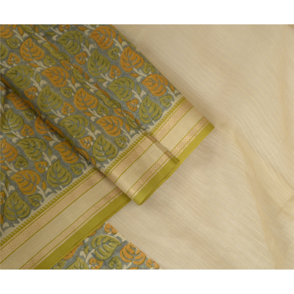 Sanskriti Vintage Long Dupatta Stole Pure Silk Ivory/Grey Printed Woven Scarves