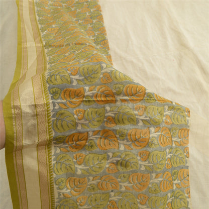 Sanskriti Vintage Long Dupatta Stole Pure Silk Ivory/Grey Printed Woven Scarves