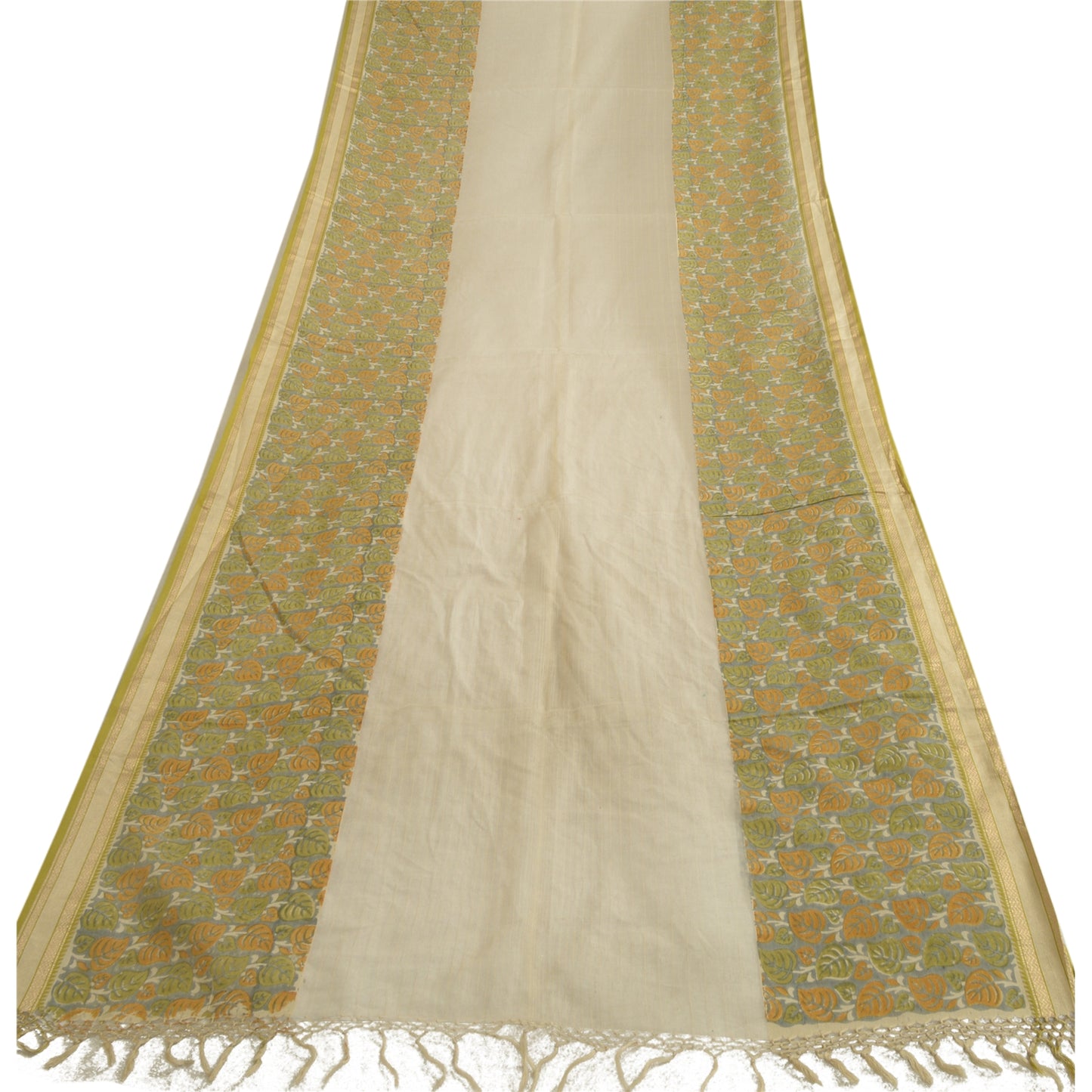 Sanskriti Vintage Long Dupatta Stole Pure Silk Ivory/Grey Printed Woven Scarves