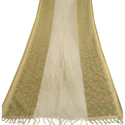 Sanskriti Vintage Long Dupatta Stole Pure Silk Ivory/Grey Printed Woven Scarves