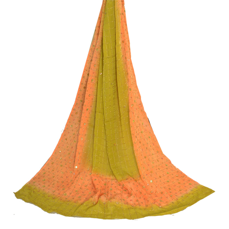 Sanskriti Vintage Long Dupatta Stole Pure Silk Peach/Green Hand Beaded Woven