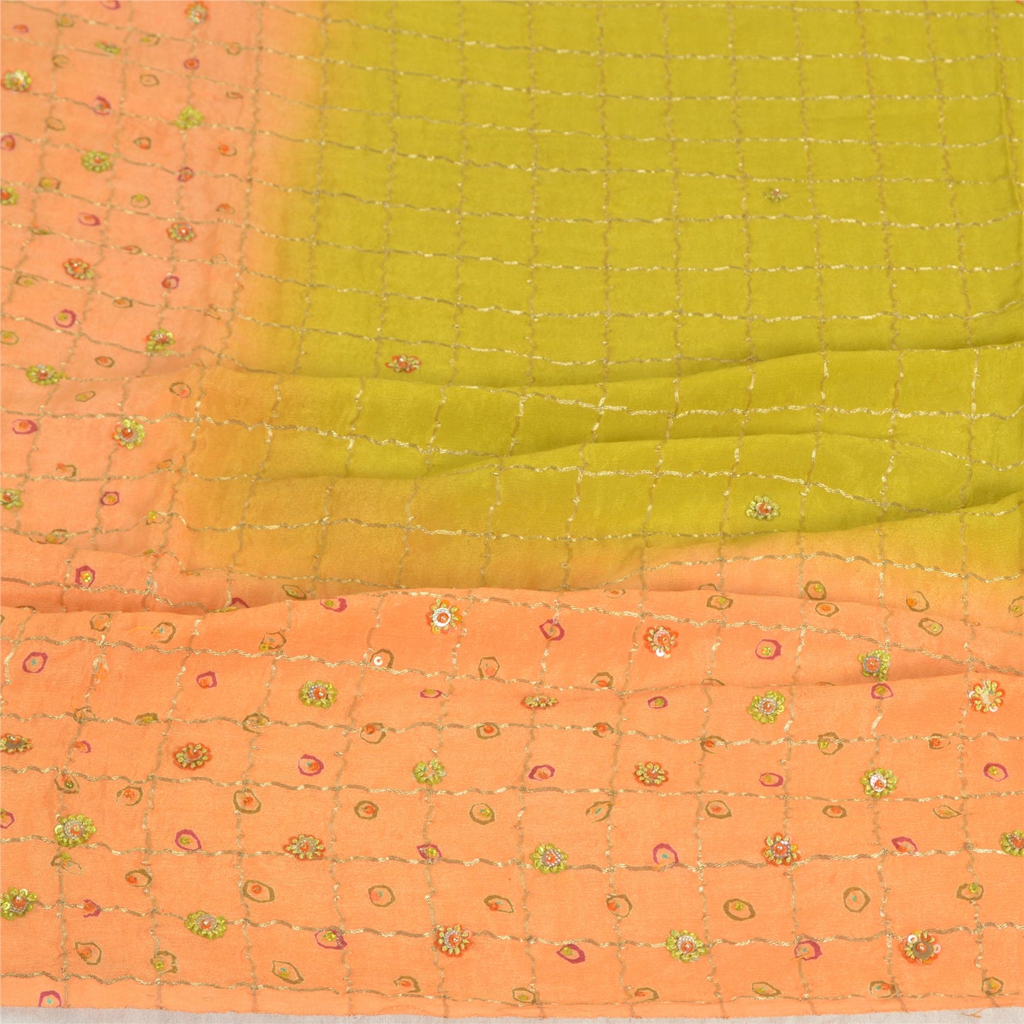 Sanskriti Vintage Lang Dupatta Stole Ren Silke Fersken/Grøn Håndvævet Perlebesat