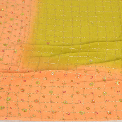 Sanskriti Vintage Lang Dupatta Stole Ren Silke Fersken/Grøn Håndvævet Perlebesat