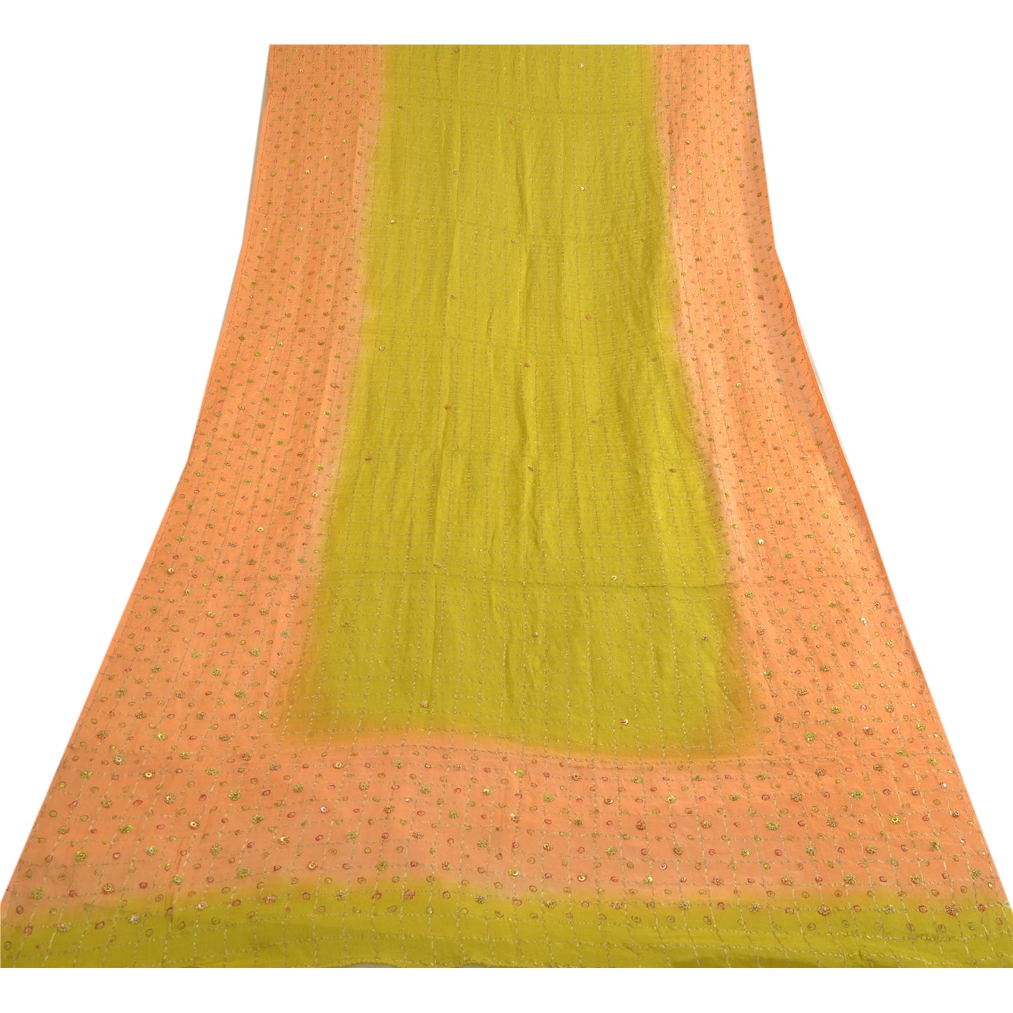 Sanskriti Vintage Lang Dupatta Stole Ren Silke Fersken/Grøn Håndvævet Perlebesat