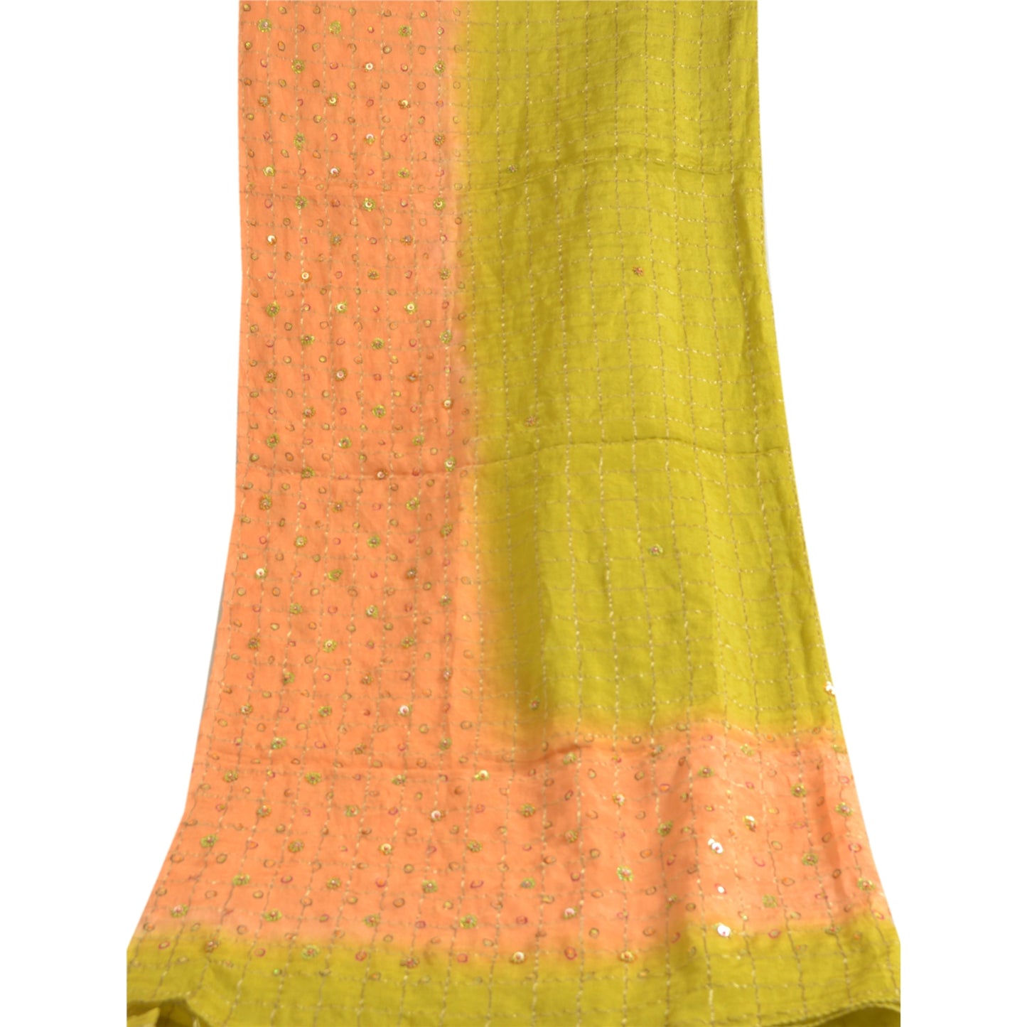 Sanskriti Vintage Lang Dupatta Stole Ren Silke Fersken/Grøn Håndvævet Perlebesat