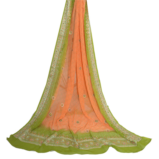Sanskriti Vintage Long Peach/Green Dupatta/Stole Pure Georgette Silk Hand Beaded