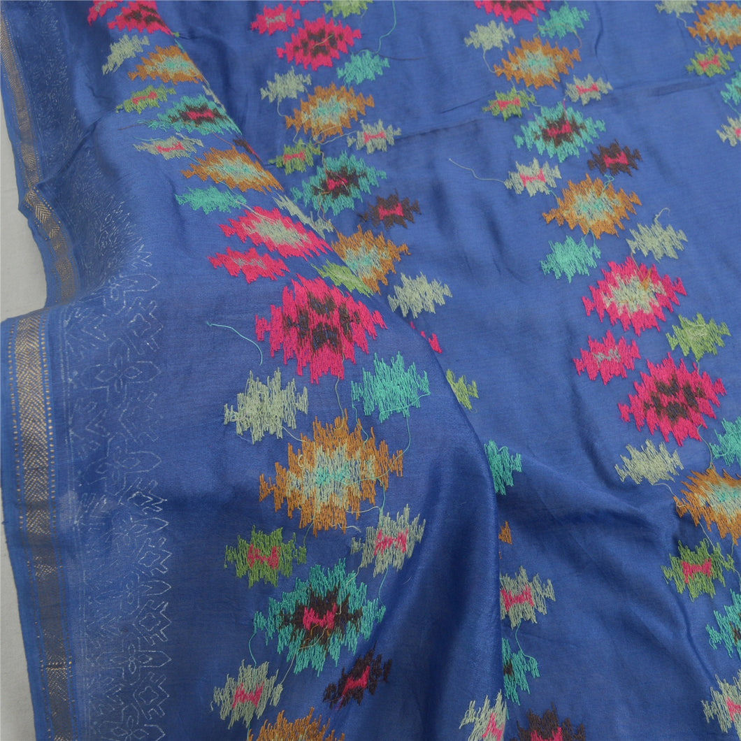 Sanskriti Vintage Long Dupatta Stole Cotton Silk Blue Embroidered Woven Hijab