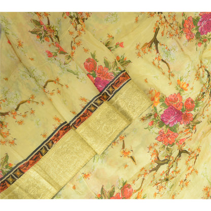 Sanskriti Vintage Lang Dupatta Stola Ren Silke Gul Broderet Digitalt Tryk