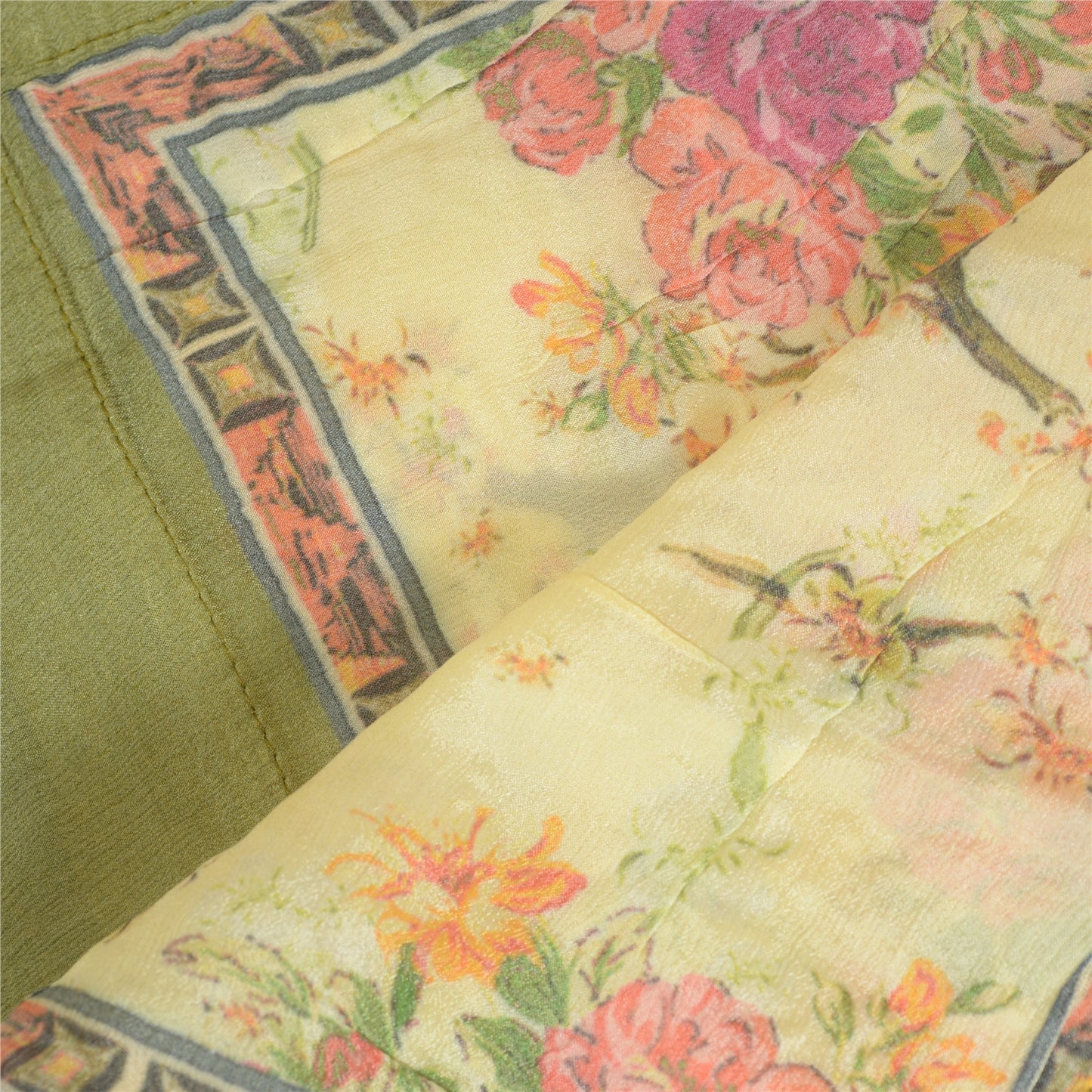 Sanskriti Vintage Lang Dupatta Stola Ren Silke Gul Broderet Digitalt Tryk