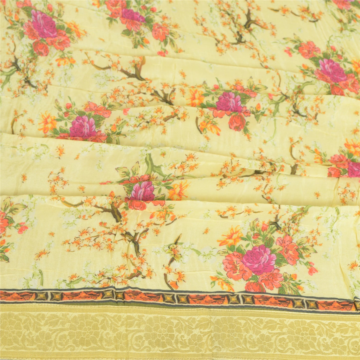 Sanskriti Vintage Lang Dupatta Stola Ren Silke Gul Broderet Digitalt Tryk