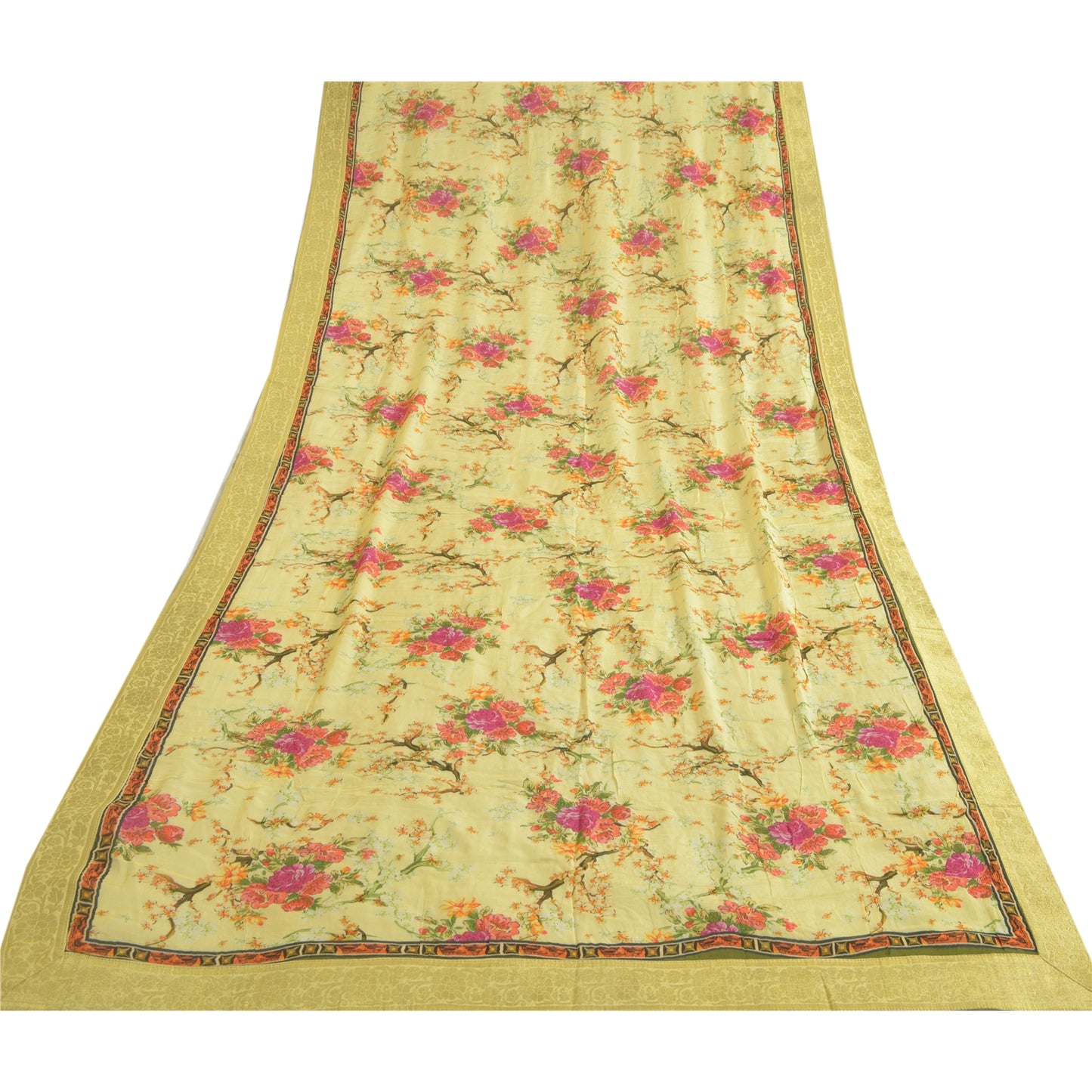 Sanskriti Vintage Lang Dupatta Stola Ren Silke Gul Broderet Digitalt Tryk