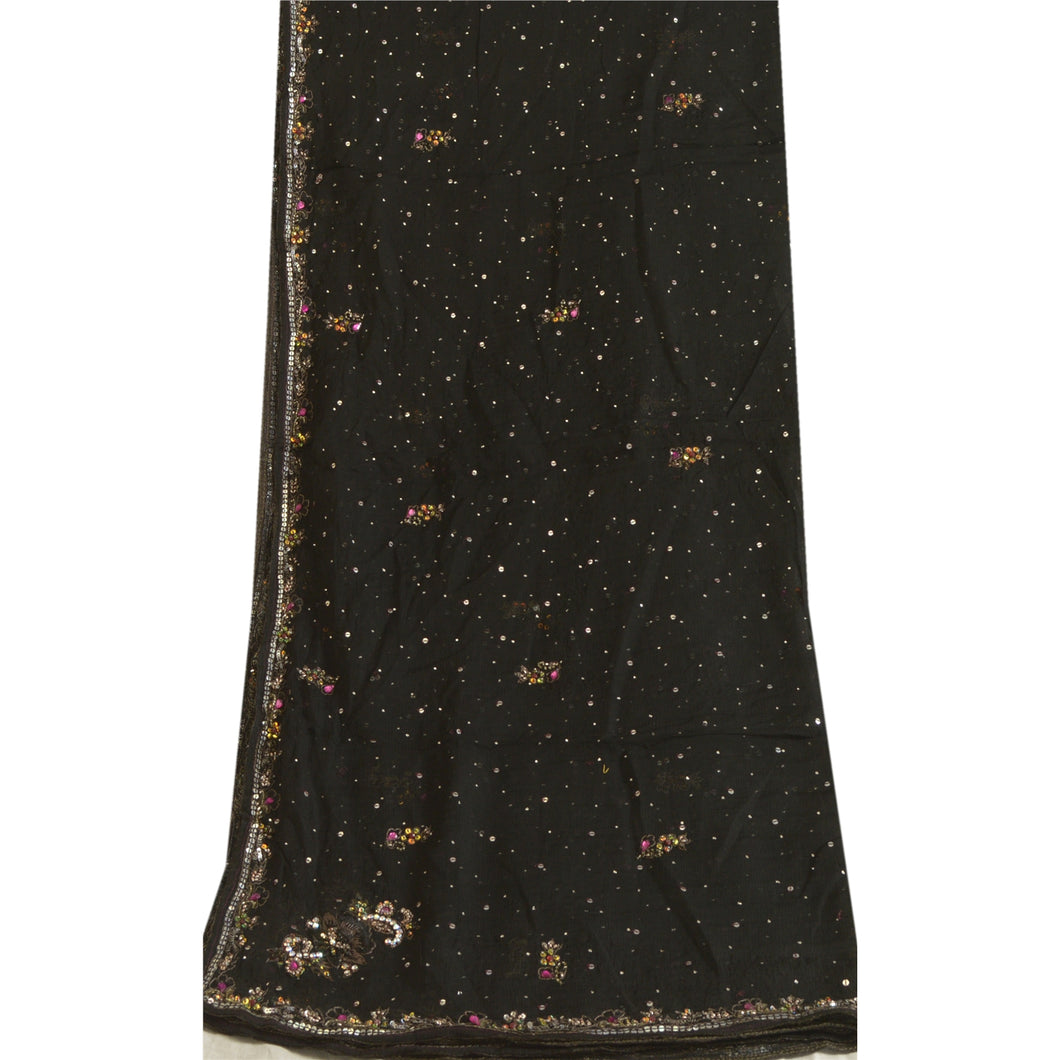 Sanskriti Vintage Long Black Dupatta/Stole Pure Chiffon Silk Hand Beaded Scarves