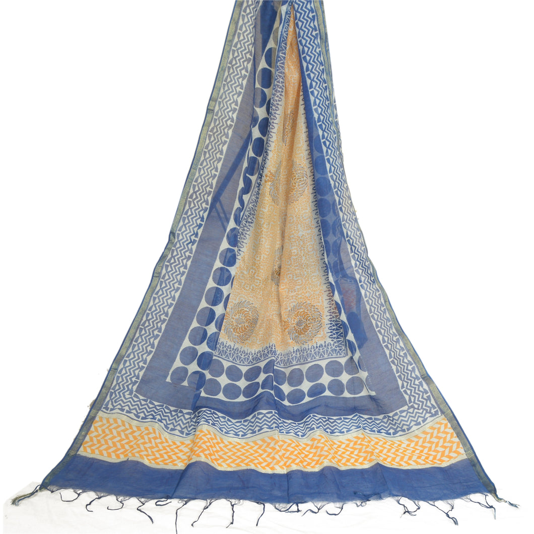 Sanskriti Vintage Long Dupatta Stole Pure Silk Blue/Saffron Hand-Block Print