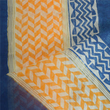 Load image into Gallery viewer, Sanskriti Vintage Long Dupatta Stole Pure Silk Blue/Saffron Hand-Block Print
