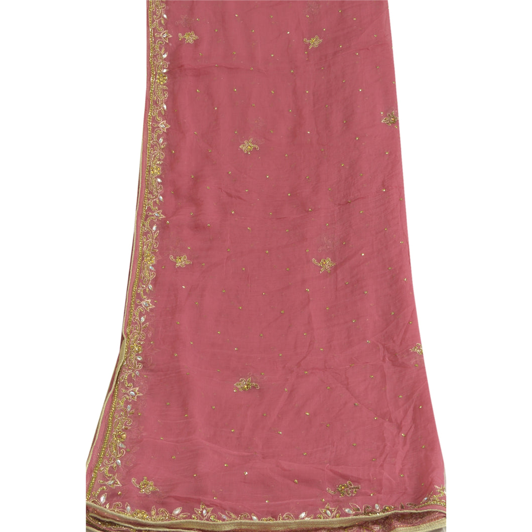 Sanskriti Vintage Long Pink Dupatta/Stole Pure Chiffon Silk Hand Beaded Scarves