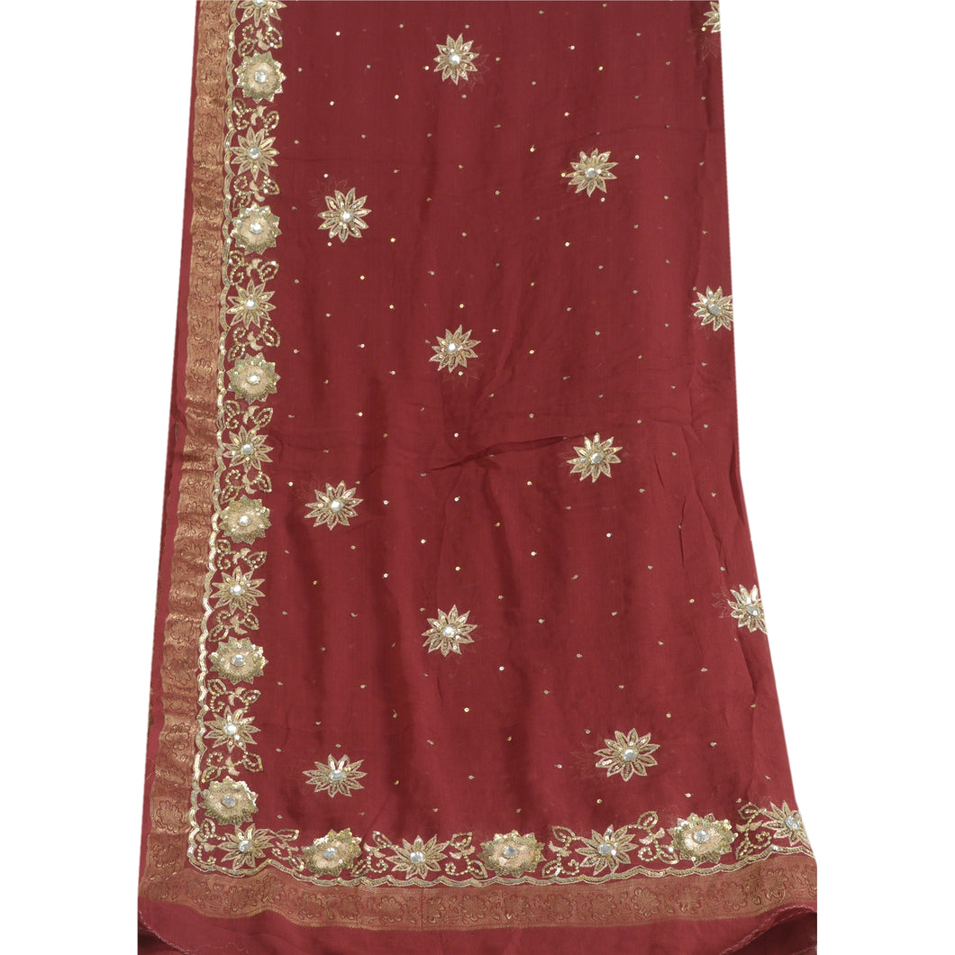 Sanskriti Vintage Long Dark Red Dupatta/Stole Pure Georgette Silk Hand Beaded
