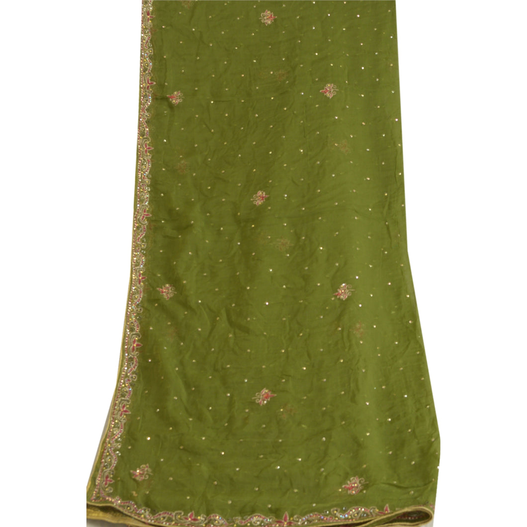 Sanskriti Vintage Dupatta Long Stole Pure Chiffon Silk Green Hand Beaded Tie-Dye