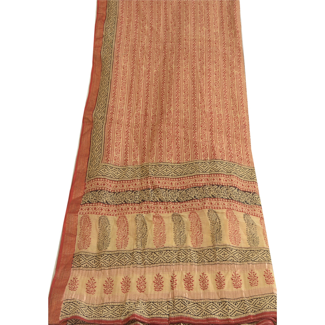 Sanskriti Vintage Dupatta Long Stole Cotton Silk Cream/Red Handmade Block Print