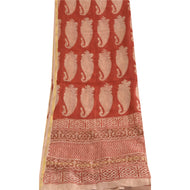 Sanskriti Vintage Long Dupatta Stole Cotton Silk Red/Cream Hand-Block Print Veil