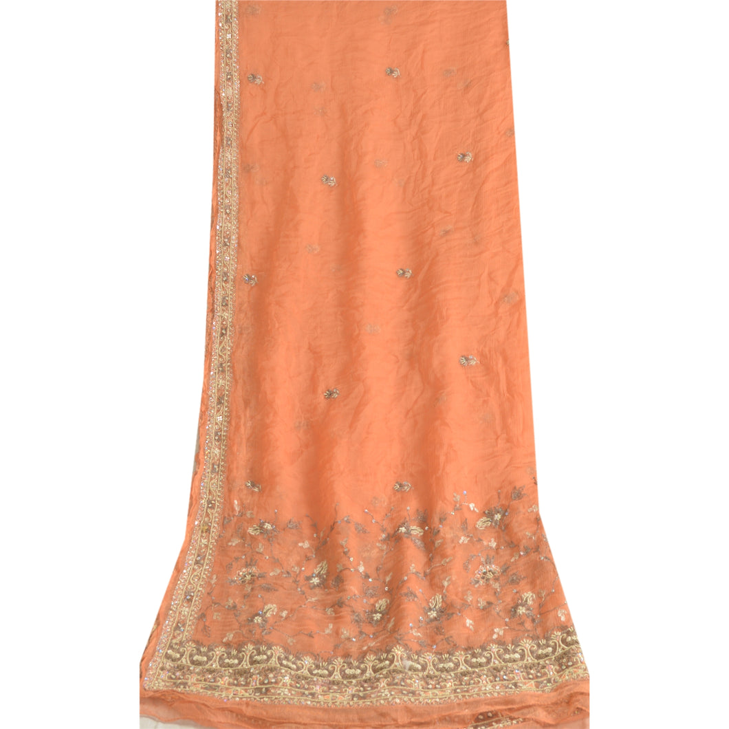 Sanskriti Vintage Long Orange Dupatta/Stole Pure Chiffon Silk Hand Beaded Veil