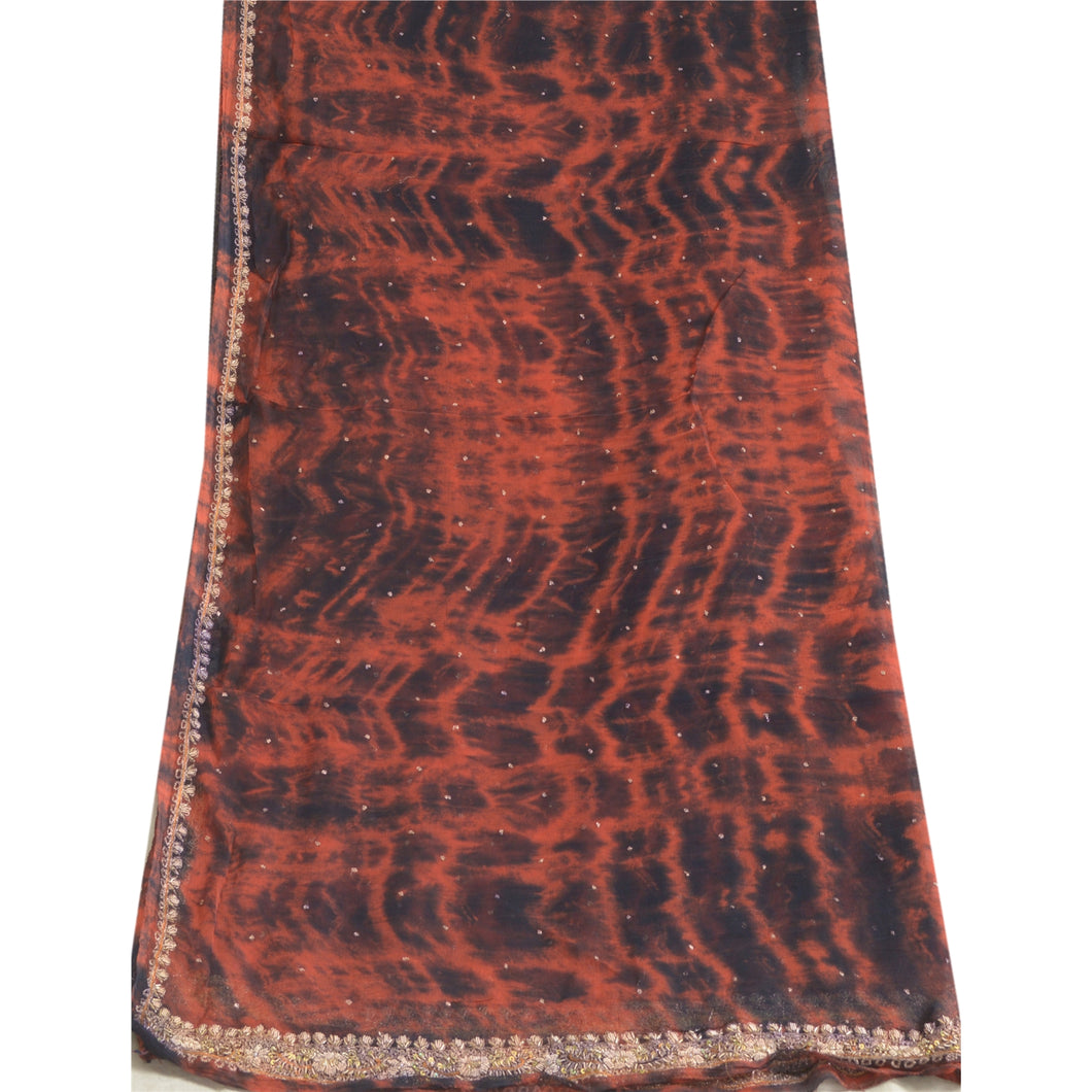 Sanskriti Vintage Dupatta Long Stole Pure Chiffon Silk Orange/Black Tie-Dye Zari