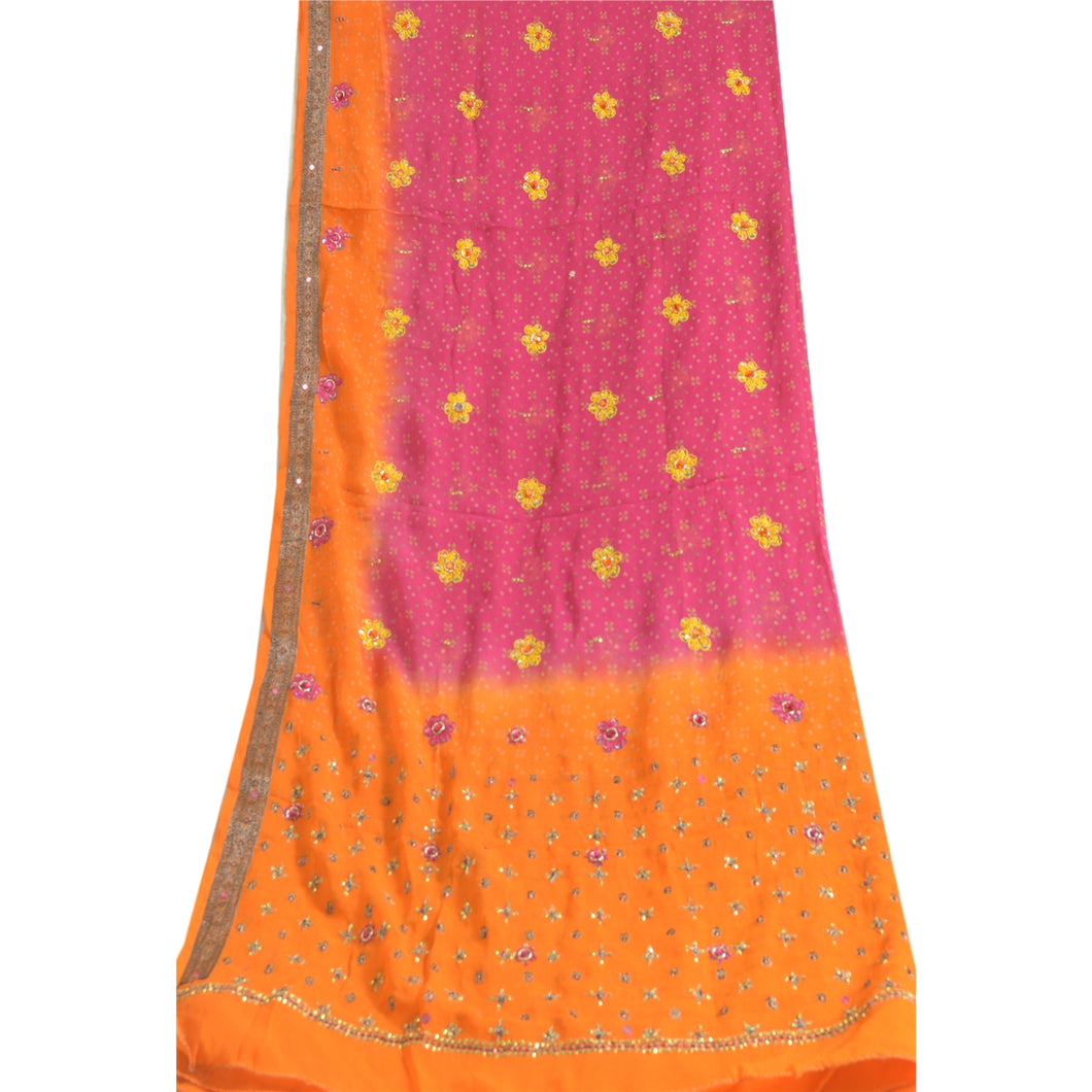 Sanskriti Vintage Long Orange/Pink Dupatta/Stole Pure Georgette Silk Hand Beads